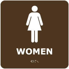 NMC - Women, 8" Wide x 8" High, Plastic Sign - English, Braille, White on Brown, Wall Mount - Benchmark Tooling