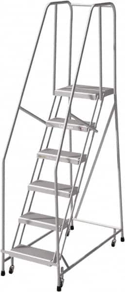 Cotterman - 90" 6 Step Rolling Warehouse Ladder - Rolling Safety Ladder, 350 Lb Capacity, 60" Platform Height, 24" Base Width x 50" Base Depth, Serrated - Benchmark Tooling