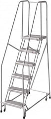 Cotterman - 90" 6 Step Rolling Warehouse Ladder - Rolling Safety Ladder, 350 Lb Capacity, 60" Platform Height, 24" Base Width x 50" Base Depth, Serrated - Benchmark Tooling