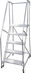Cotterman - 80" 5 Step Rolling Warehouse Ladder - Rolling Safety Ladder, 350 Lb Capacity, 50" Platform Height, 30" Base Width x 43" Base Depth, Serrated - Benchmark Tooling