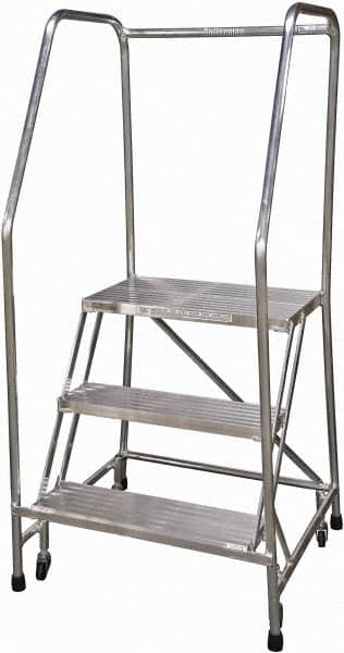 Cotterman - 60" 3 Step Rolling Warehouse Ladder - Rolling Safety Ladder, 350 Lb Capacity, 30" Platform Height, 30" Base Width x 29" Base Depth, Serrated - Benchmark Tooling