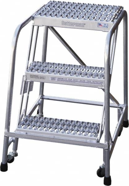 Cotterman - 30" 3 Step Rolling Warehouse Ladder - Rolling Safety Ladder, 350 Lb Capacity, 30" Platform Height, 22" Base Width x 29" Base Depth, Serrated - Benchmark Tooling