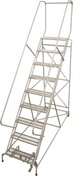 Cotterman - 99" 9 Step Rolling Warehouse Ladder - 50° Incline, 450 Lb Capacity, 90" Platform Height, 32" Base Width x 120" Base Depth, Perforated Tread - Benchmark Tooling