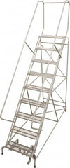 Cotterman - 99" 9 Step Rolling Warehouse Ladder - 50° Incline, 450 Lb Capacity, 90" Platform Height, 32" Base Width x 120" Base Depth, Perforated Tread - Benchmark Tooling