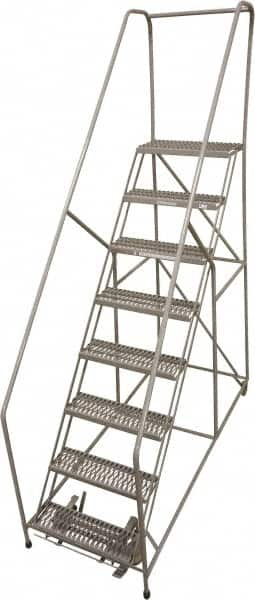 Cotterman - 78" 8 Step Rolling Warehouse Ladder - 50° Incline, 450 Lb Capacity, 80" Platform Height, 32" Base Width x 110" Base Depth, Perforated Tread - Benchmark Tooling