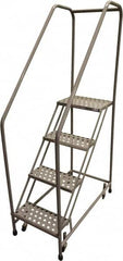 Cotterman - 70" 4 Step Rolling Warehouse Ladder - 50° Incline, 450 Lb Capacity, 40" Platform Height, 20" Base Width x 40" Base Depth, Perforated Tread - Benchmark Tooling