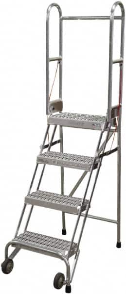 Cotterman - 70" 4 Step Rolling Warehouse Ladder - Portable Folding Safety Ladder, 350 Lb Capacity, 40" Platform Height, 21" Base Width x 36" Base Depth, Serrated - Benchmark Tooling