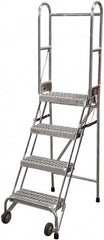 Cotterman - 70" 4 Step Rolling Warehouse Ladder - Portable Folding Safety Ladder, 350 Lb Capacity, 40" Platform Height, 21" Base Width x 36" Base Depth, Serrated - Benchmark Tooling