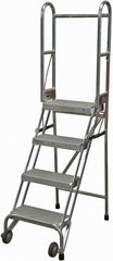 Cotterman - 70" 4 Step Rolling Warehouse Ladder - Portable Folding Safety Ladder, 350 Lb Capacity, 40" Platform Height, 21" Base Width x 36" Base Depth, Perforated Tread - Benchmark Tooling