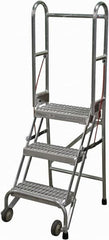 Cotterman - 60" 3 Step Rolling Warehouse Ladder - Portable Folding Safety Ladder, 350 Lb Capacity, 30" Platform Height, 21" Base Width x 28" Base Depth, Serrated - Benchmark Tooling