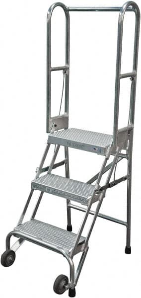 Cotterman - 60" 3 Step Rolling Warehouse Ladder - Portable Folding Safety Ladder, 350 Lb Capacity, 30" Platform Height, 21" Base Width x 28" Base Depth, Perforated Tread - Benchmark Tooling