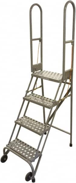 Cotterman - 70" 4 Step Rolling Warehouse Ladder - Portable Folding Safety Ladder, 350 Lb Capacity, 40" Platform Height, 21" Base Width x 36" Base Depth, Rubber Matted - Benchmark Tooling