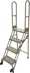 Cotterman - 70" 4 Step Rolling Warehouse Ladder - Portable Folding Safety Ladder, 350 Lb Capacity, 40" Platform Height, 21" Base Width x 36" Base Depth, Rubber Matted - Benchmark Tooling
