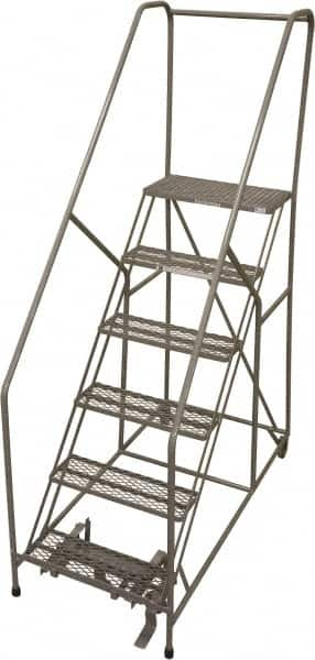 Cotterman - 90" 6 Step Rolling Warehouse Ladder - 50° Incline, 450 Lb Capacity, 60" Platform Height, 33" Base Width x 60" Base Depth, Perforated Tread - Benchmark Tooling