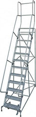 Cotterman - 162" 12 Step Rolling Warehouse Ladder - 50° Incline, 450 Lb Capacity, 120" Platform Height, 34" Base Width x 116" Base Depth, Perforated Tread - Benchmark Tooling
