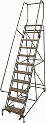 Cotterman - 140" 11 Step Rolling Warehouse Ladder - 50° Incline, 450 Lb Capacity, 110" Platform Height, 34" Base Width x 106" Base Depth, Perforated Tread - Benchmark Tooling