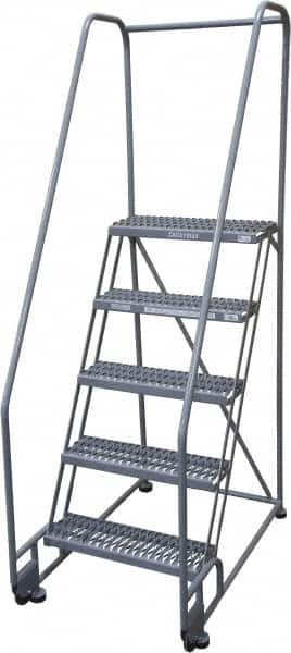 Cotterman - 80" 5 Step Rolling Warehouse Ladder - Tilt & Roll Safety Ladder, 450 Lb Capacity, 50" Platform Height, 28" Base Width x 43" Base Depth, Serrated Steel - Benchmark Tooling