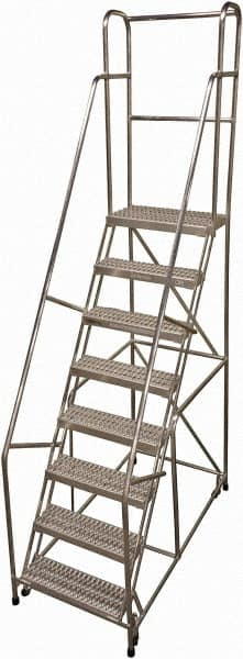 Cotterman - 110" 8 Step Rolling Warehouse Ladder - Rolling Safety Ladder, 350 Lb Capacity, 80" Platform Height, 30" Base Width x 63" Base Depth, Serrated - Benchmark Tooling
