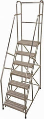 Cotterman - 100" 7 Step Rolling Warehouse Ladder - Rolling Safety Ladder, 350 Lb Capacity, 70" Platform Height, 30" Base Width x 57" Base Depth, Serrated - Benchmark Tooling