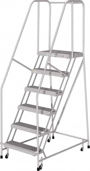 Cotterman - 90" 6 Step Rolling Warehouse Ladder - Rolling Safety Ladder, 350 Lb Capacity, 60" Platform Height, 30" Base Width x 50" Base Depth, Serrated - Benchmark Tooling