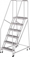 Cotterman - 90" 6 Step Rolling Warehouse Ladder - Rolling Safety Ladder, 350 Lb Capacity, 60" Platform Height, 30" Base Width x 50" Base Depth, Serrated - Benchmark Tooling