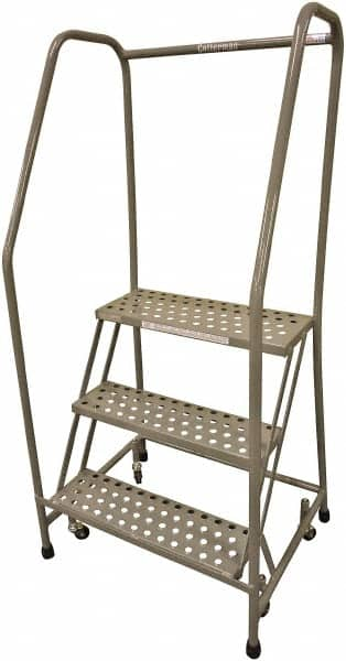 Cotterman - 60" 3 Step Rolling Warehouse Ladder - 50° Incline, 450 Lb Capacity, 30" Platform Height, 20" Base Width x 44" Base Depth, Perforated Tread - Benchmark Tooling