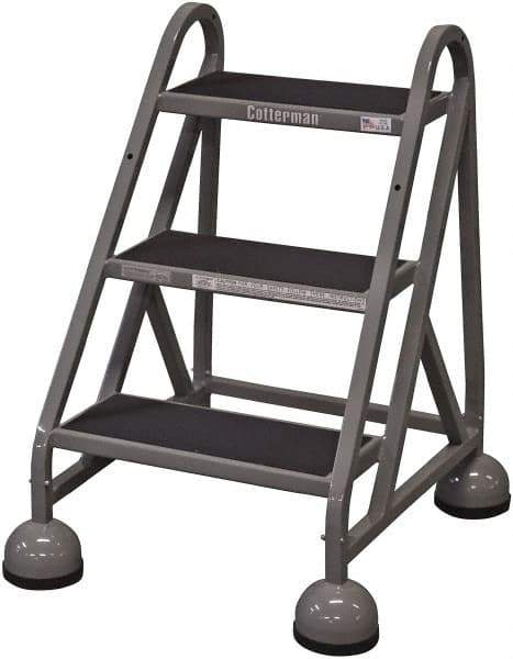 Cotterman - 33" 3 Step Rolling Warehouse Ladder - Rolling Steel Office Ladder, 450 Lb Capacity, 27" Platform Height, 25" Base Width x 28" Base Depth, Rubber Matted - Benchmark Tooling