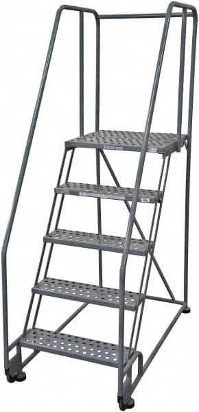 Cotterman - 80" 5 Step Rolling Warehouse Ladder - Tilt & Roll Safety Ladder, 450 Lb Capacity, 50" Platform Height, 28" Base Width x 53" Base Depth, Perforated Tread - Benchmark Tooling