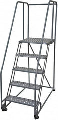 Cotterman - 80" 5 Step Rolling Warehouse Ladder - Tilt & Roll Safety Ladder, 450 Lb Capacity, 50" Platform Height, 28" Base Width x 53" Base Depth, Perforated Tread - Benchmark Tooling