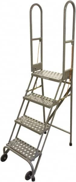 Cotterman - 70" 4 Step Rolling Warehouse Ladder - Portable Folding Safety Ladder, 350 Lb Capacity, 40" Platform Height, 21" Base Width x 36" Base Depth, Perforated Tread - Benchmark Tooling