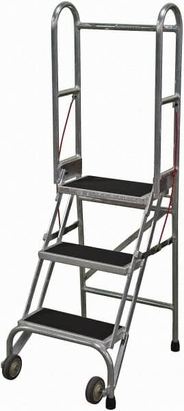 Cotterman - 60" 3 Step Rolling Warehouse Ladder - Portable Folding Safety Ladder, 350 Lb Capacity, 30" Platform Height, 21" Base Width x 28" Base Depth, Rubber Matted - Benchmark Tooling