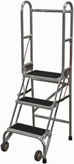 Cotterman - 60" 3 Step Rolling Warehouse Ladder - Portable Folding Safety Ladder, 350 Lb Capacity, 30" Platform Height, 21" Base Width x 28" Base Depth, Rubber Matted - Benchmark Tooling