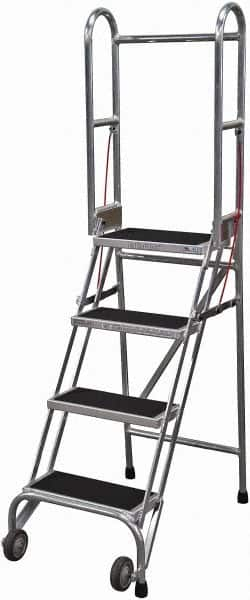 Cotterman - 70" 4 Step Rolling Warehouse Ladder - Portable Folding Safety Ladder, 350 Lb Capacity, 40" Platform Height, 21" Base Width x 36" Base Depth, Rubber Matted - Benchmark Tooling