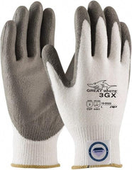 PIP - Size M (8), ANSI Cut Lvl A3, Puncture Lvl 2, Abrasion Lvl 4, Polyurethane Coated Dyneema Diamond HPPE liner Cut Resistant Gloves - 9.3" Long, Palm & Fingertips Coated, Dyneema Diamond Lining, Knit Wrist, White/Gray, Paired - Benchmark Tooling