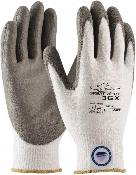 PIP - Size XS (6), ANSI Cut Lvl A3, Puncture Lvl 2, Abrasion Lvl 4, Polyurethane Coated Dyneema Diamond HPPE liner Cut Resistant Gloves - 8.5" Long, Palm & Fingertips Coated, Dyneema Diamond Lining, Knit Wrist, White/Gray, Paired - Benchmark Tooling