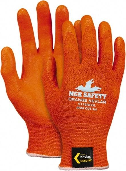 MCR Safety - Size L, ANSI Cut Lvl A4, Puncture Lvl 3, Cut & Puncture Resistant Gloves - Palm Coated, Orange - Benchmark Tooling