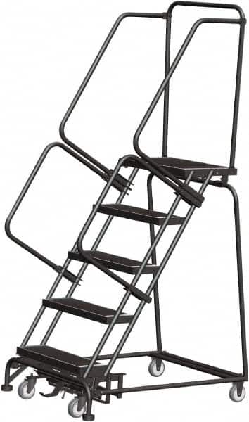 Ballymore - 83" 5 Step Rolling Warehouse Ladder - Lock Step Rolling Safety Ladder, 450 Lb Capacity, 50" Platform Height, 32" Base Width x 43" Base Depth, Perforated Tread - Benchmark Tooling