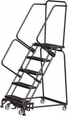 Ballymore - 83" 5 Step Rolling Warehouse Ladder - Lock Step Rolling Safety Ladder, 450 Lb Capacity, 50" Platform Height, 32" Base Width x 43" Base Depth, Perforated Tread - Benchmark Tooling