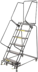 Ballymore - 93" 6 Step Rolling Warehouse Ladder - Lock Step Rolling Safety Ladder, 450 Lb Capacity, 60" Platform Height, 32" Base Width x 49" Base Depth, Perforated Tread - Benchmark Tooling