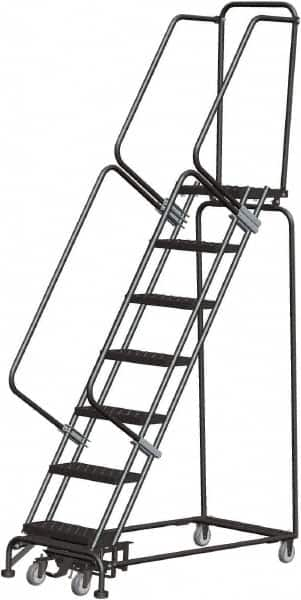 Ballymore - 103" 7 Step Rolling Warehouse Ladder - Lock Step Rolling Safety Ladder, 450 Lb Capacity, 70" Platform Height, 24" Base Width x 55" Base Depth, Perforated Tread - Benchmark Tooling