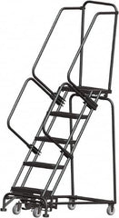 Ballymore - 83" 5 Step Rolling Warehouse Ladder - Lock Step Rolling Safety Ladder, 450 Lb Capacity, 50" Platform Height, 24" Base Width x 43" Base Depth, Perforated Tread - Benchmark Tooling