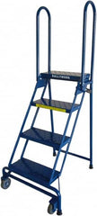 Ballymore - 60" 4 Step Rolling Warehouse Ladder - Lock-N-Stock, 300 Lb Capacity, 38" Platform Height, 24" Base Width x 30" Base Depth, Perforated Tread - Benchmark Tooling