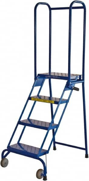 Ballymore - 68" 4 Step Rolling Warehouse Ladder - Lock-N-Stock, 300 Lb Capacity, 38" Platform Height, 24" Base Width x 35" Base Depth, Perforated Tread - Benchmark Tooling