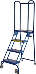 Ballymore - 68" 4 Step Rolling Warehouse Ladder - Lock-N-Stock, 350 Lb Capacity, 38" Platform Height, 24" Base Width x 35" Base Depth, Perforated Tread - Benchmark Tooling