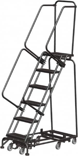 Ballymore - 93" 6 Step Rolling Warehouse Ladder - Lock Step Rolling Safety Ladder, 450 Lb Capacity, 60" Platform Height, 24" Base Width x 49" Base Depth, Perforated Tread - Benchmark Tooling