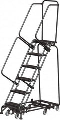 Ballymore - 93" 6 Step Rolling Warehouse Ladder - Lock Step Rolling Safety Ladder, 450 Lb Capacity, 60" Platform Height, 24" Base Width x 49" Base Depth, Perforated Tread - Benchmark Tooling