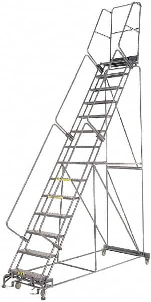 Ballymore - 185" 14 Step Rolling Warehouse Ladder - Lock Step Rolling Safety Ladder, 450 Lb Capacity, 140" Platform Height, 40" Base Width x 100" Base Depth, Perforated Tread - Benchmark Tooling