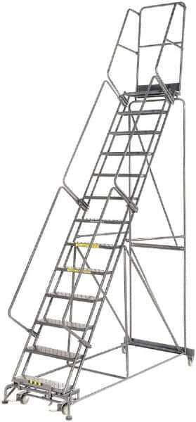 Ballymore - 175" 13 Step Rolling Warehouse Ladder - Lock Step Rolling Safety Ladder, 450 Lb Capacity, 130" Platform Height, 40" Base Width x 94" Base Depth, Perforated Tread - Benchmark Tooling