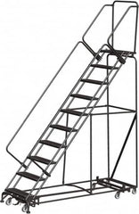 Ballymore - 133" 10 Step Rolling Warehouse Ladder - Lock Step Rolling Safety Ladder, 450 Lb Capacity, 100" Platform Height, 32" Base Width x 90" Base Depth, Perforated Tread - Benchmark Tooling