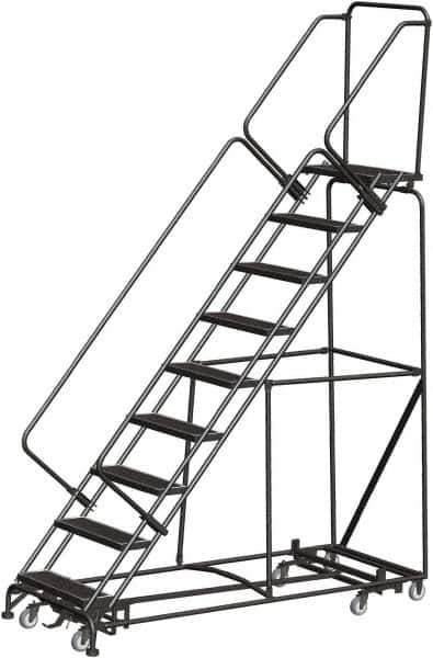 Ballymore - 123" 9 Step Rolling Warehouse Ladder - Lock Step Rolling Safety Ladder, 450 Lb Capacity, 90" Platform Height, 32" Base Width x 82" Base Depth, Perforated Tread - Benchmark Tooling